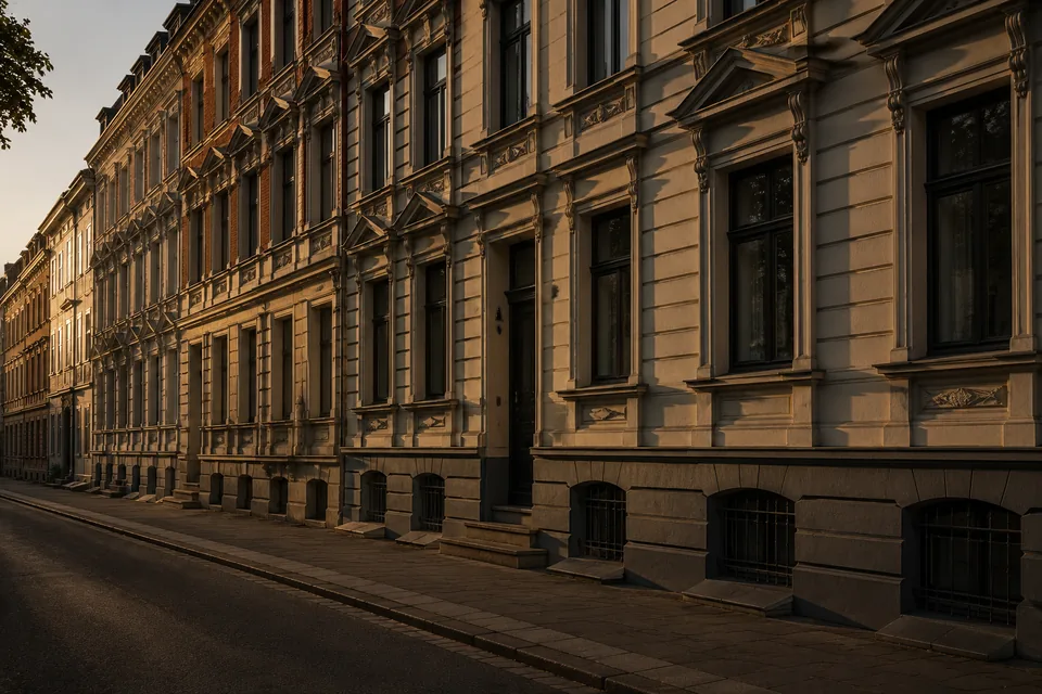 Gründerzeitlicher Straßenzug in geschlossener Blockrandbebauung, Souterrainfenster über dem Kellerlichtschacht.
